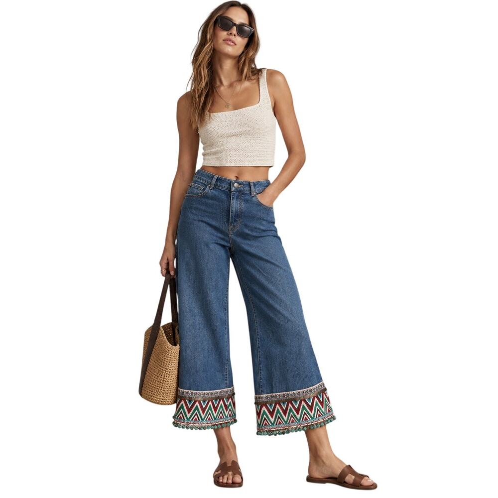 Alice + Olivia Beta Embroidered Pom Pom Cropped Wide Leg Jeans 25